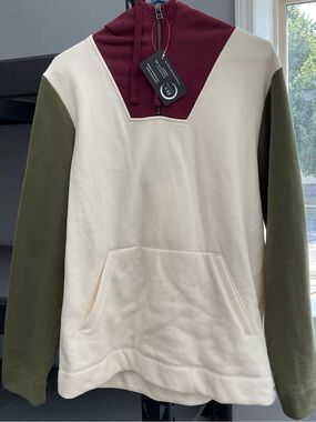 L.L. Bean Signature Cream Pullover Hoodie with Olive Sleeves and Burgundy Hood